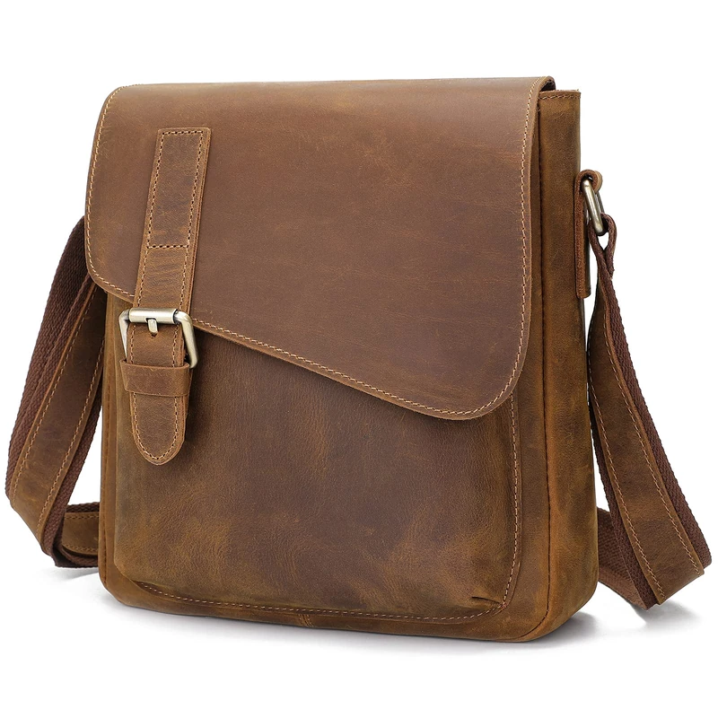 Augus Men's Leather Messenger Bag Shoulder Crossbody Backpack Bags Purse for Women Vintage Anti-Theft Waterproof Casual, Brown, 8.6" x 3.5" x 10.2"