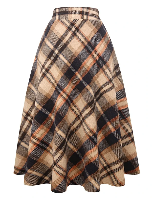 IDEALSANXUN Womens High Elastic Waist Maxi Skirt A-line Plaid Winter Warm Flare Long Skirt, Long Brown, Small