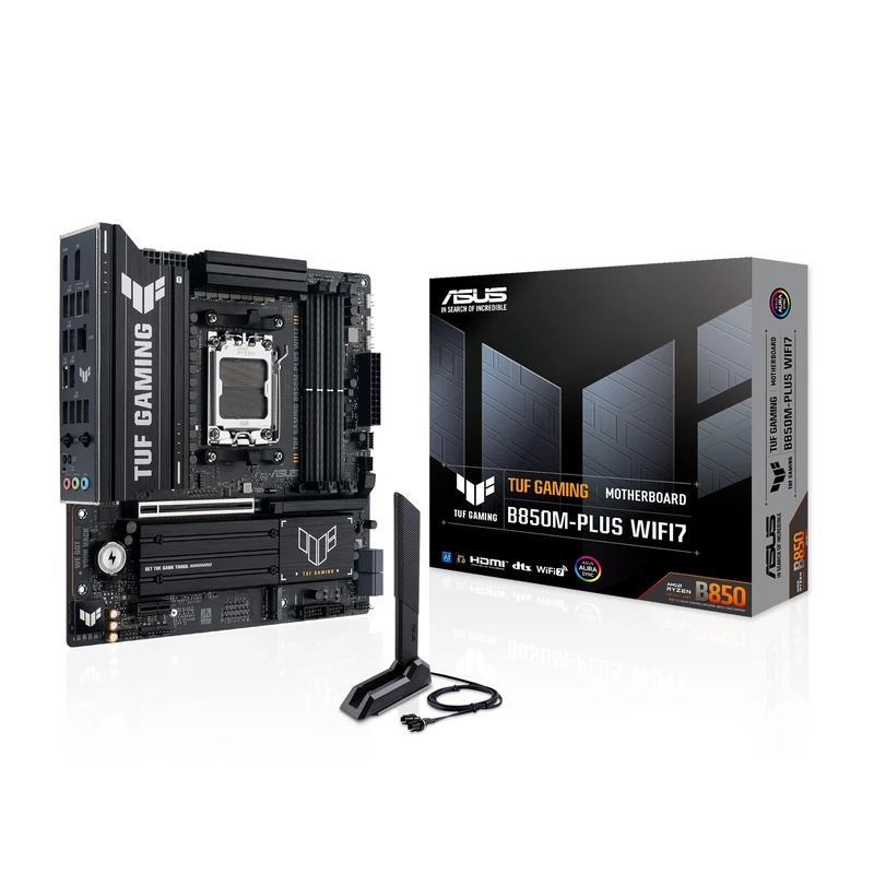 AMD B850 Micro-ATX motherboard, 14+2+1 80A DrMOS power stages, DDR5, PCIe 5.0 Ready, three M.2 slots, Wi-Fi 7, Realtek 2.5Gb Ethernet, DisplayPort, HDMI™, Aura Sync