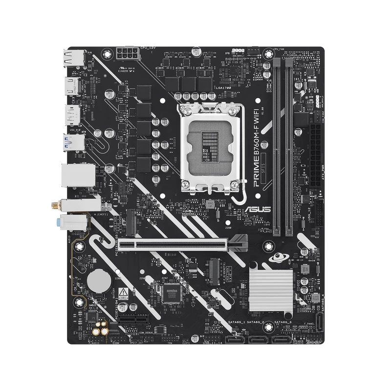 ASUS Prime B760M-F WIFI Intel B760 LGA 1700 micro-ATX motherboard (PCIe 5.0, two PCIe 4.0 M.2 slots, DDR5, WiFi 6, Realtek 1Gb Ethernet, DisplayPort, HDMI, SATA 6Gbps, front USB 5Gbps ports, Aura Sync