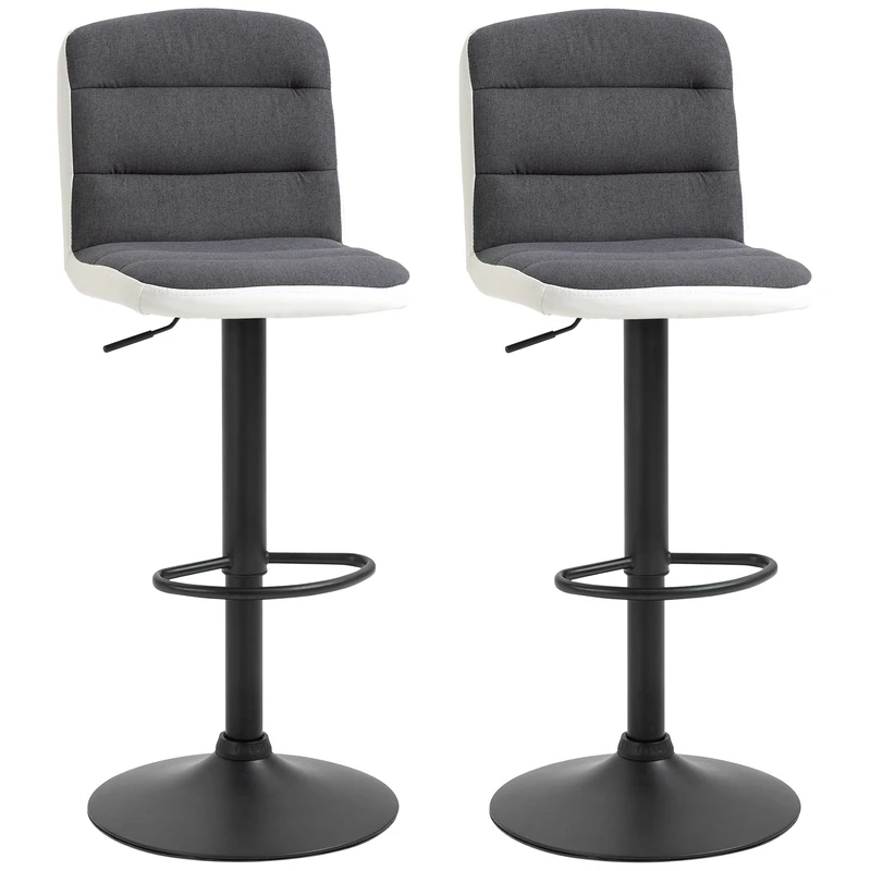 HOMCOM Bar Stools Set of 2, Height Adjustable Bar Chairs in Fabric and Faux Leather, 360° Swivel Kitchen Stool with Backrest and Footrest, Dark Grey