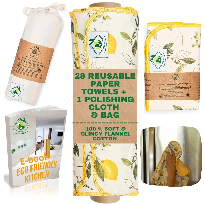 Green Home Mama Reusable Paper Towels Washable Roll 28 Pack 11x12 in, Unpaper Roll, Paperless Towels, Cloth Napkins Washable, Towel Alternative, Lemon - Image 1