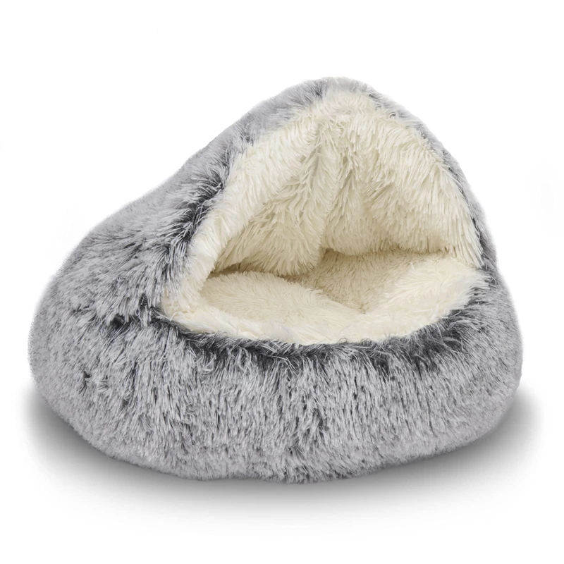 ShinHye Round Plush Fluffy Hooded Cat Bed Cave, Cozy for Indoor Cats or Small Dogs, Waterproof Bottom, Washable, 26x26 Inch, Grey