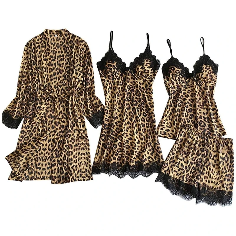 Women's Baby Dolls Satin Silk Sexy Women Pajamas Leopard Nightdress Bathrobe Ladies Robes Underwear Sleepwear Set-BW_M