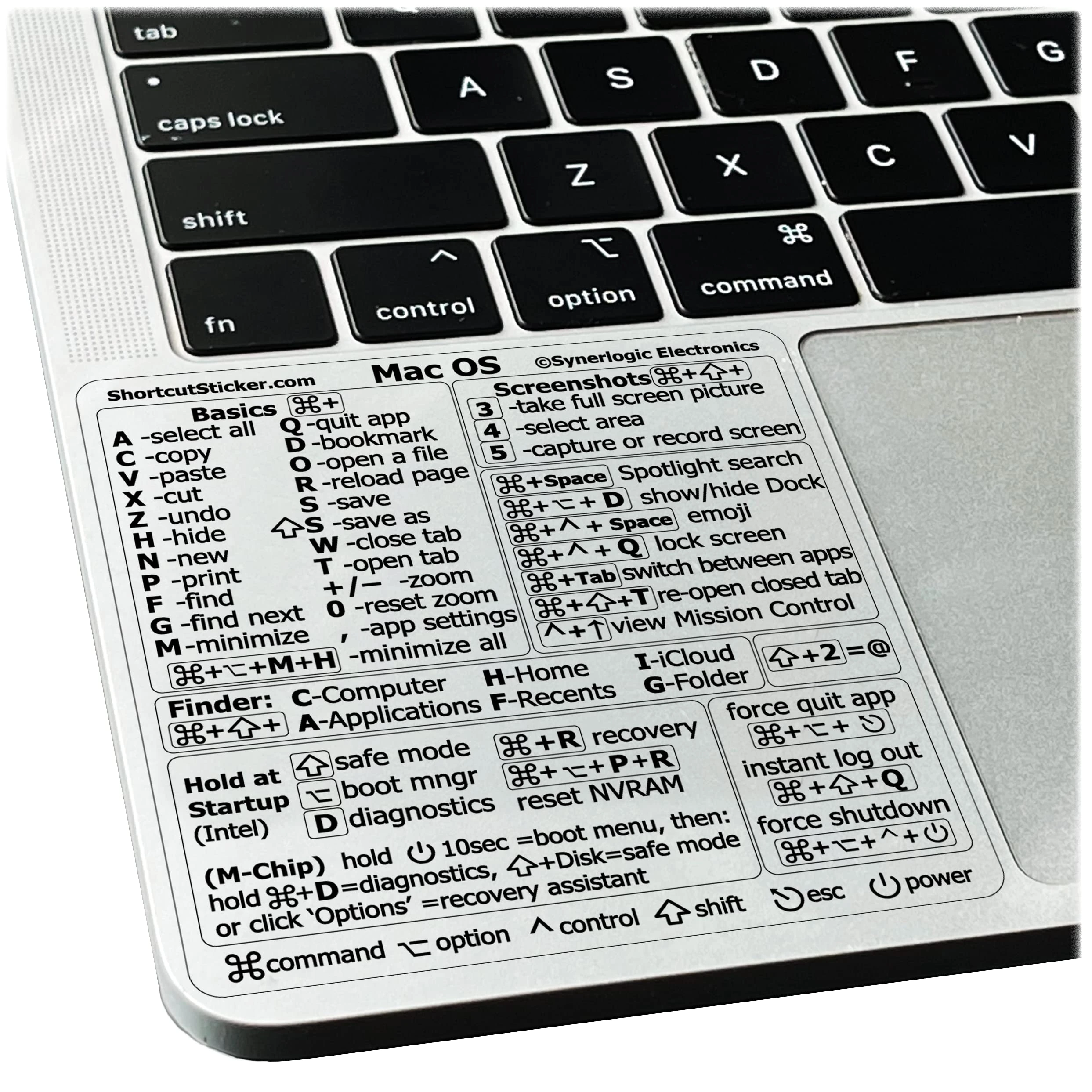 SYNERLOGIC (10 pcs) Mac OS (Ventura/Monterey/Big Sur/Catalina/Mojave) Keyboard Shortcuts, M1/M2/Intel No-Residue Clear Vinyl Sticker, Compatible with 13-16-inch MacBook Air and Pro (Pack of 10)