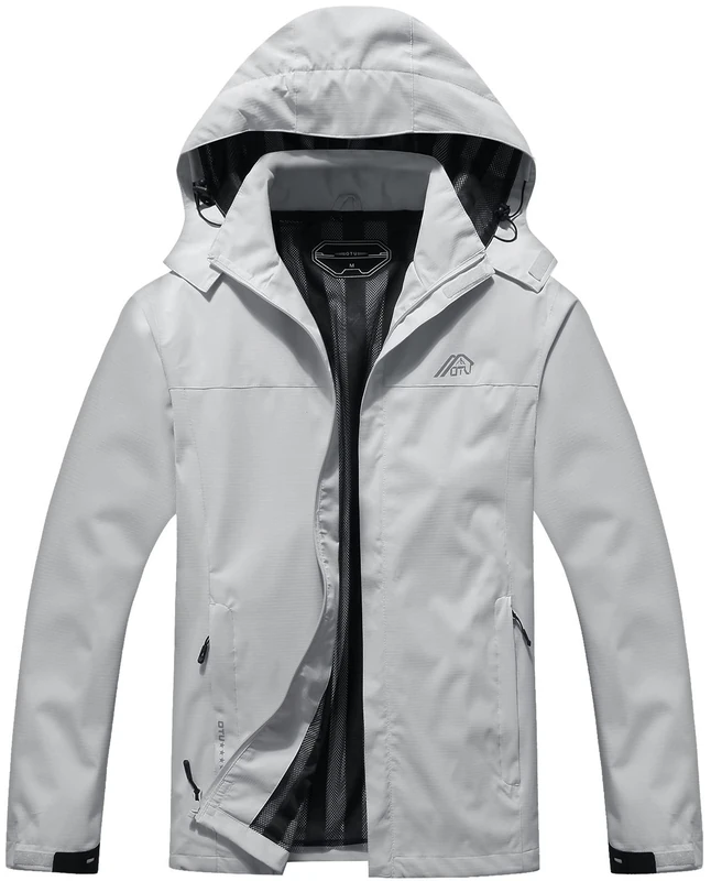 OTU Men's Lightweight Waterproof Hooded Rain Jacket Outdoor Raincoat Shell Jacket for Hiking Travel, Grey, L