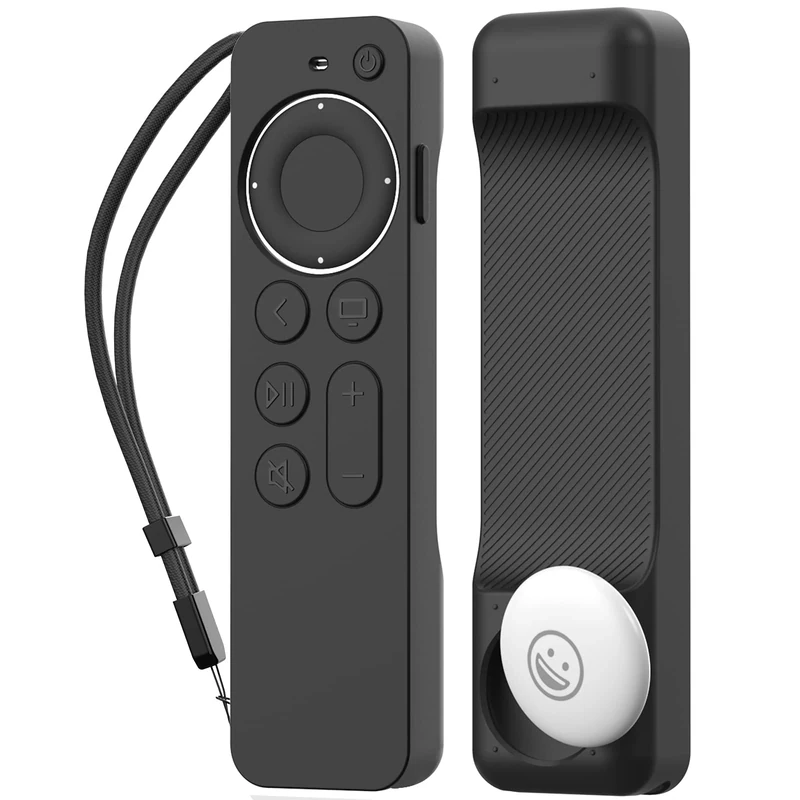 AHASTYLE Case for Apple TV Remote 2021 [AirTag Holder Built-in], Silicone Cover Skin Compatible with Siri Remote (2nd Gen) and AirTag with Hand Strap (Black)
