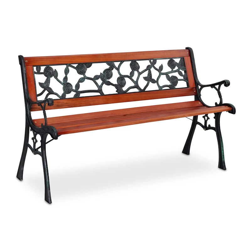 Relaxdays Garden Bench with Rose Pattern, 2 Seater, Wood & Cast Iron, Balcony & Terrace, 73x125x52.5 cm, Natural/Green