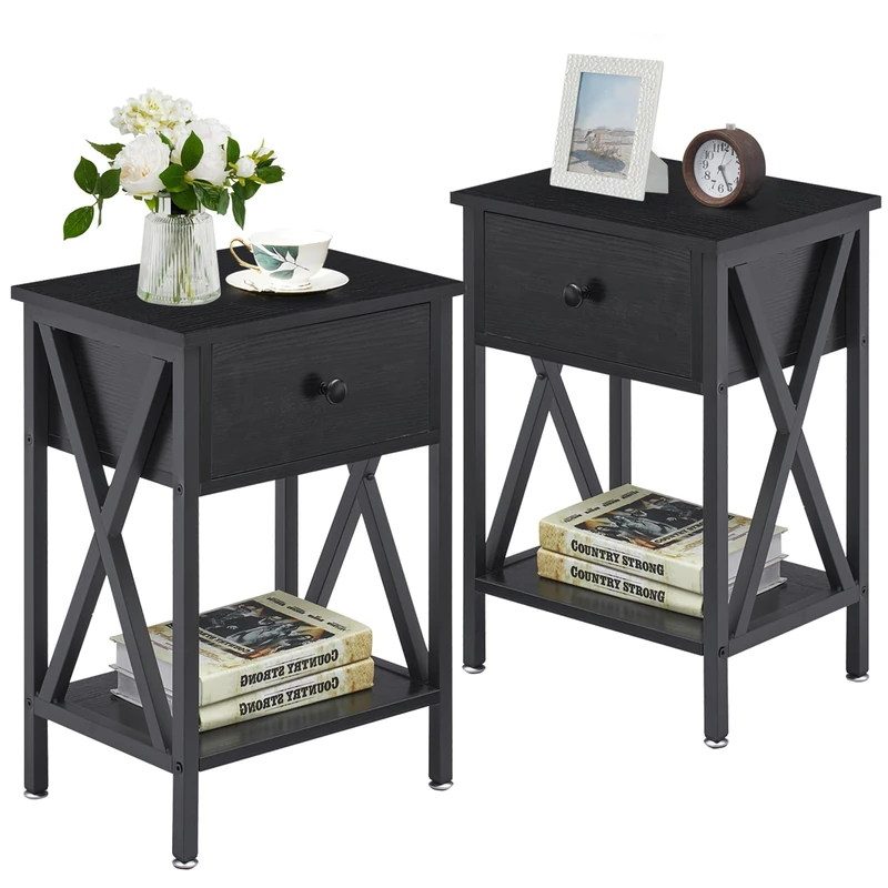 VECELO Bedside Tables Set of 2, X Shaped Cabinet with Drawer and Open Shelf Nightstand Storage Unit for Bedroom Small Side Table for Living Room/Small Space, 40cm x 30cm x 55cm
