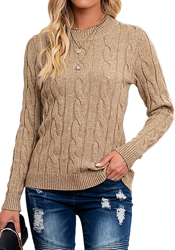 Breampot Women Cable Knit Jumper Casual Basic Long Sleeve Pullover Sweater Tops(Khaki,XX-Large)