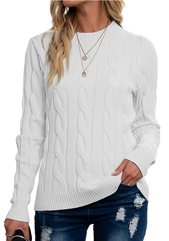 Breampot Women Cable Knit Jumper - White Long Sleeve Sweater, Medium