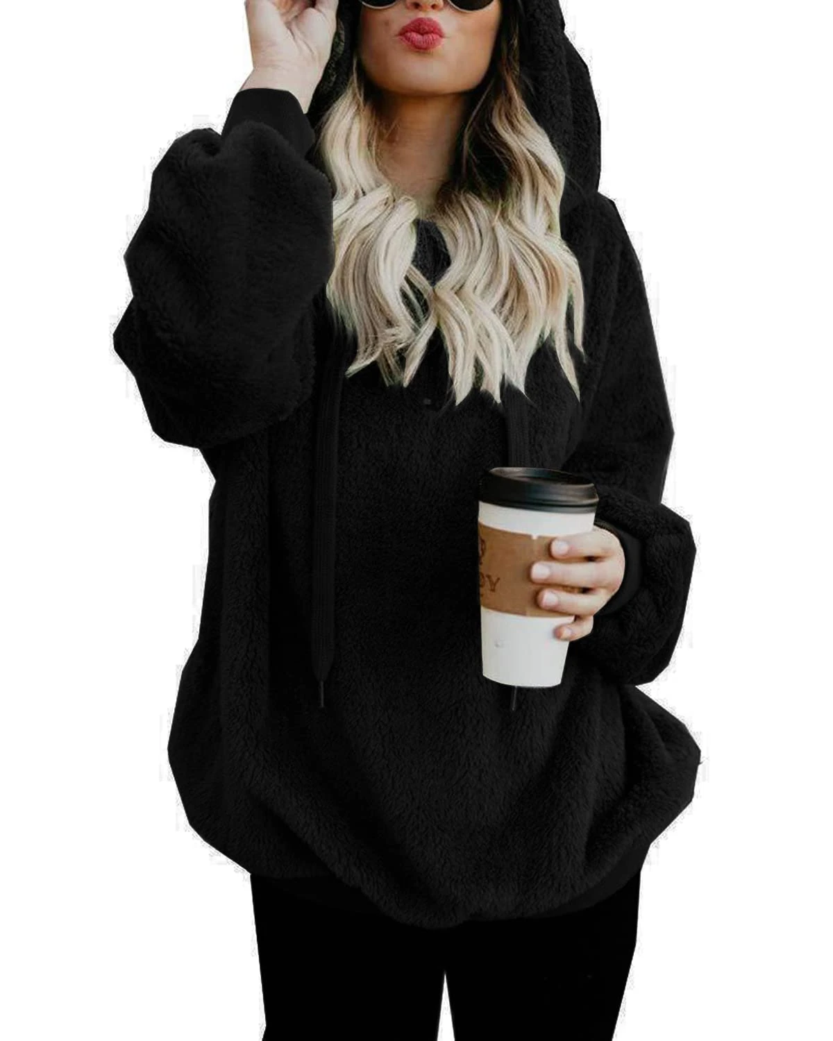 Hormtaer Womens Fleece Hoodie Oversized Jacket Casual Jumper Loose Long Sleeve Coat Winter Sweatshirt Warm Fuzzy Fluffy Zip Tops Pullover with Pockets (Black, XL)