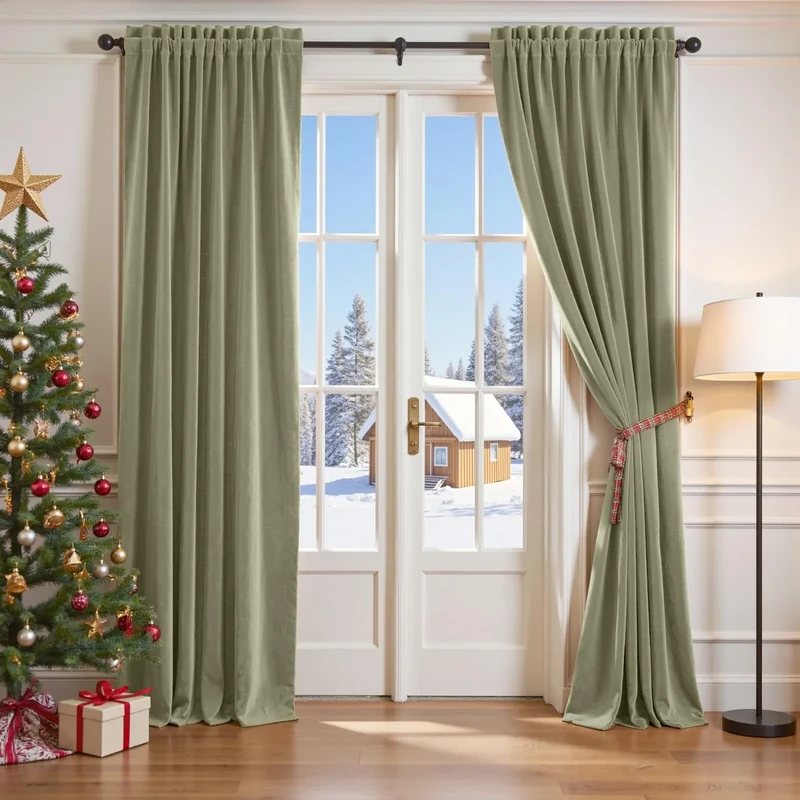 Lazzzy Green Velvet Blackout Curtain Thermal Insulated 108 Inch Extra Long Bedroom Living Room Drapes Soft Luxury Velvet Curtain Rod Pocket 1 Panel Sage Green