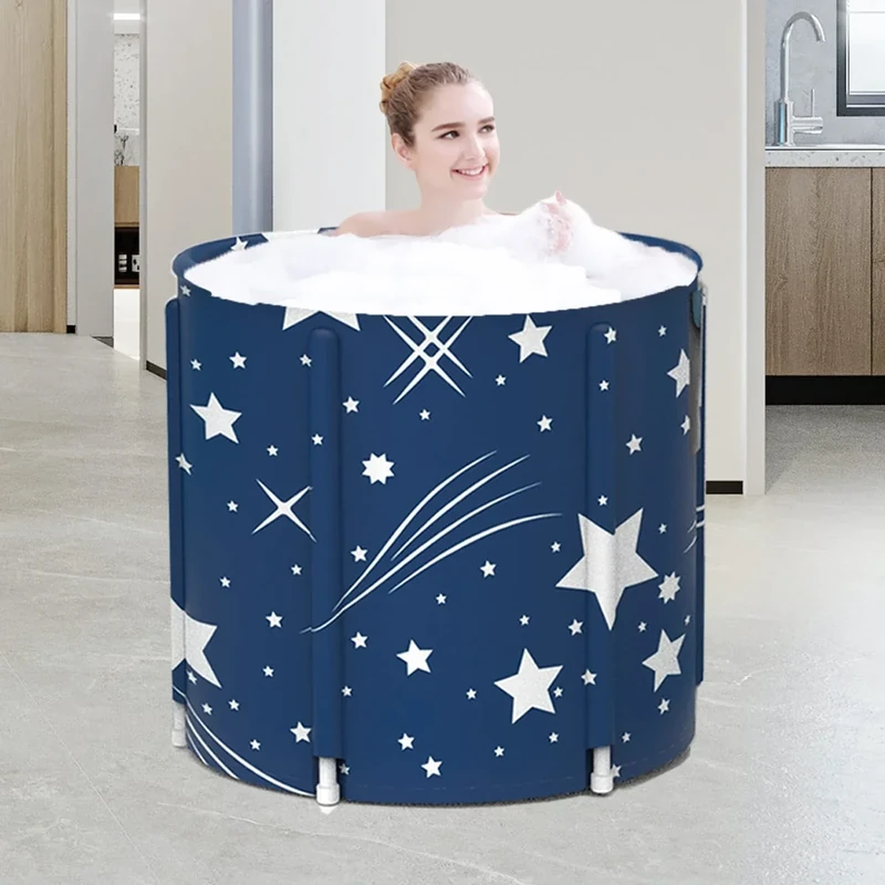 Portable Bathtub, Japanese Soaking Bath Tub for Shower Stall, Foldable Bathtub with Thermal Foam, Freestanding, Folding & Soaking Spa Bath Tub with Pillow for Small Spaces (Blue Sky)