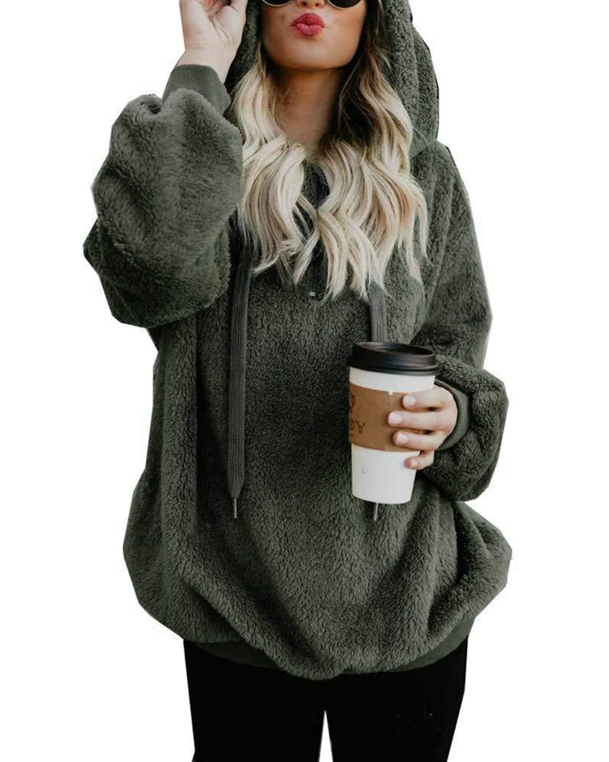 Hormtaer Womens Fleece Hoodie Oversized Jacket Casual Jumper Loose Long Sleeve Coat Winter Sweatshirt Warm Fuzzy Fluffy Zip Tops Pullover with Pockets (Green, XXL)