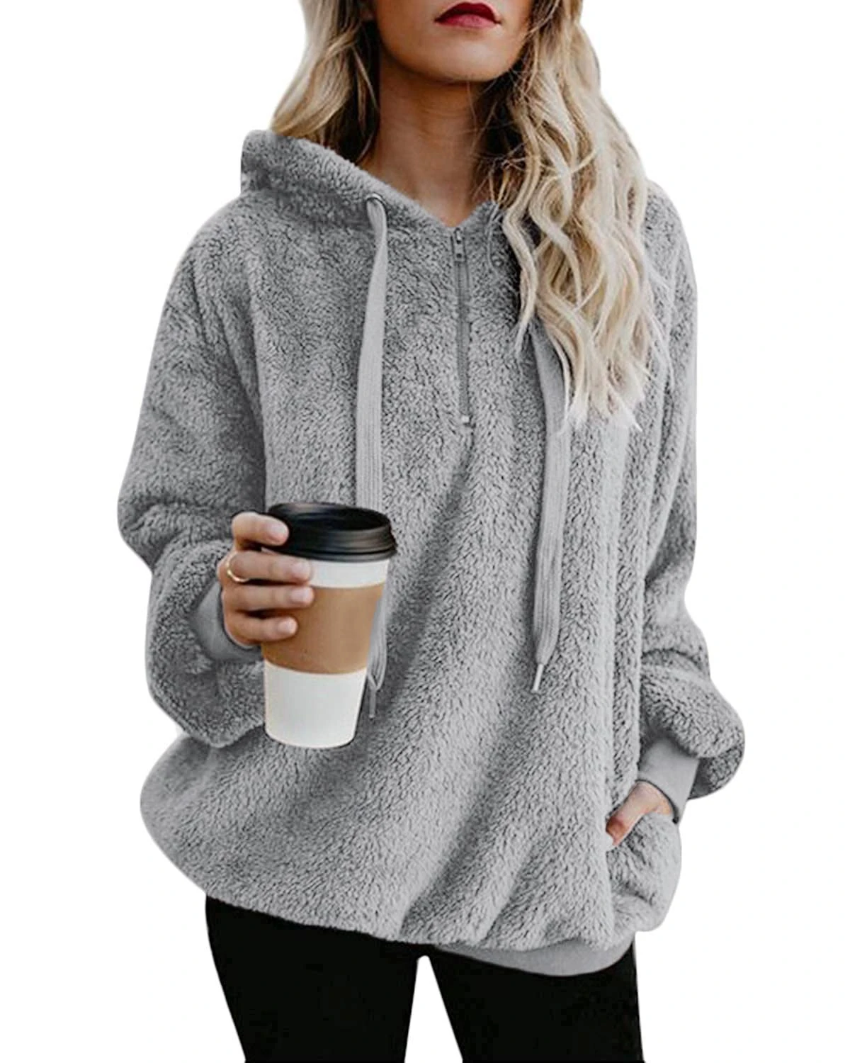 Hormtaer Womens Fleece Hoodie Oversized Jacket Casual Jumper Loose Long Sleeve Coat Winter Sweatshirt Warm Fuzzy Fluffy Zip Tops Pullover with Pockets (Light Grey, XXL)