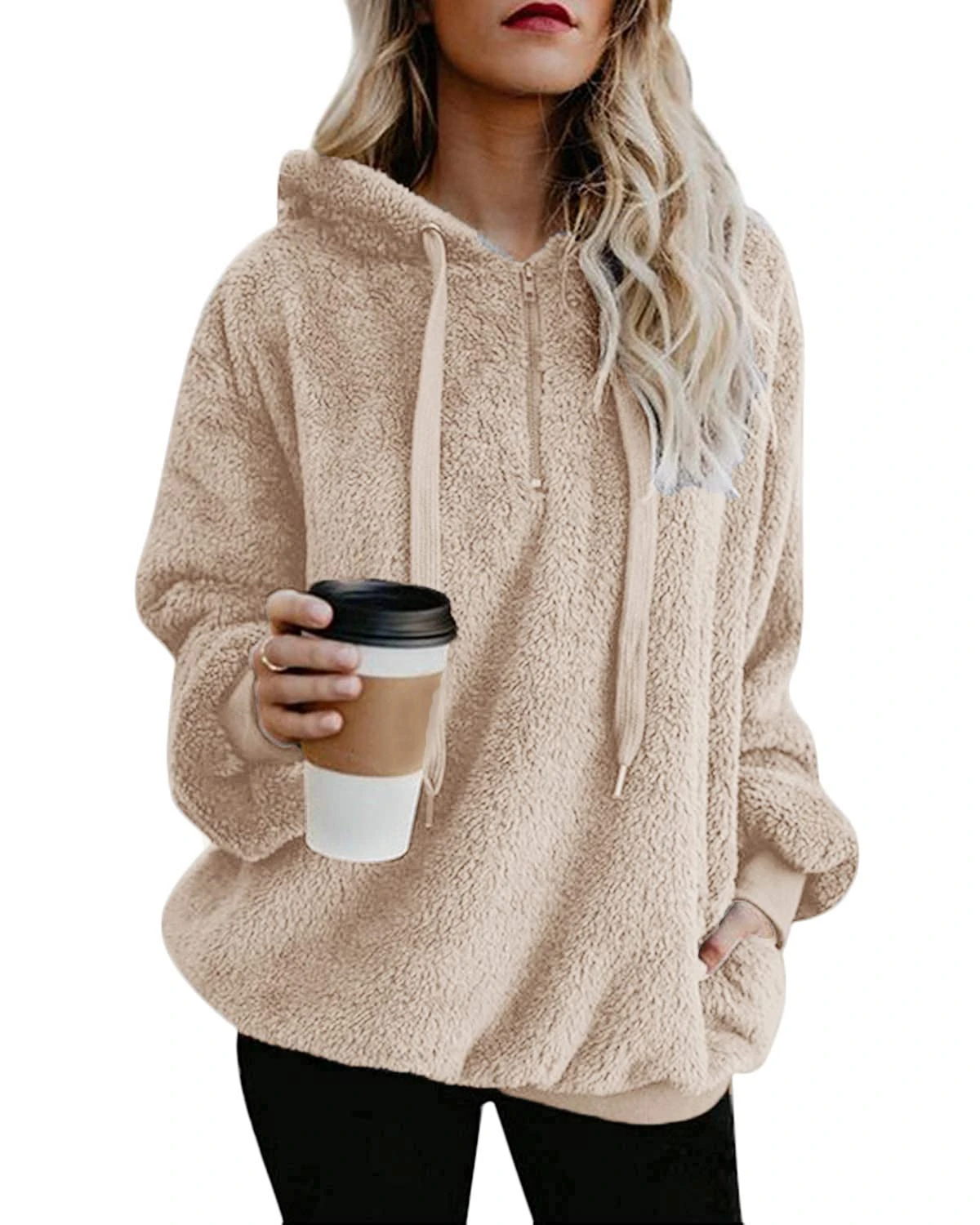 Hormtaer Womens Fleece Hoodie Oversized Jacket Casual Jumper Loose Long Sleeve Coat Winter Sweatshirt Warm Fuzzy Fluffy Zip Tops Pullover with Pockets (Khaki, XL)