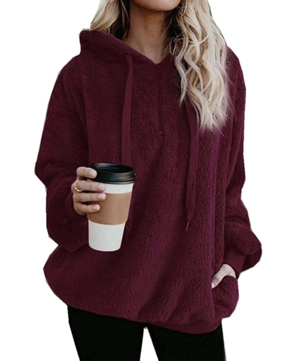 Hormtaer Womens Fleece Hoodie Oversized Jacket Casual Jumper Loose Long Sleeve Coat Winter Sweatshirt Warm Fuzzy Fluffy Zip Tops Pullover with Pockets (Burgundy, XL)