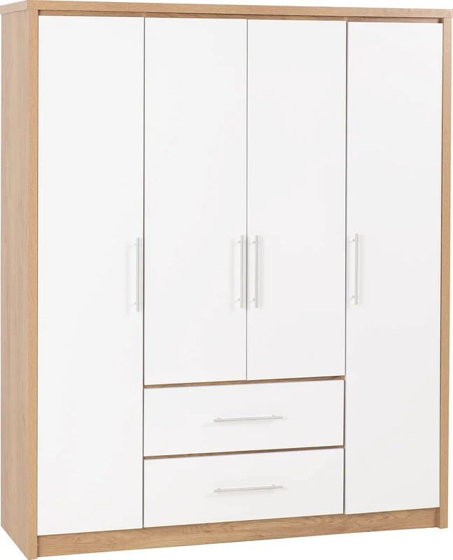 Seconique Seville 4 Door 2 Drawer Wardrobe in White Gloss/Light Oak Effect Veneer