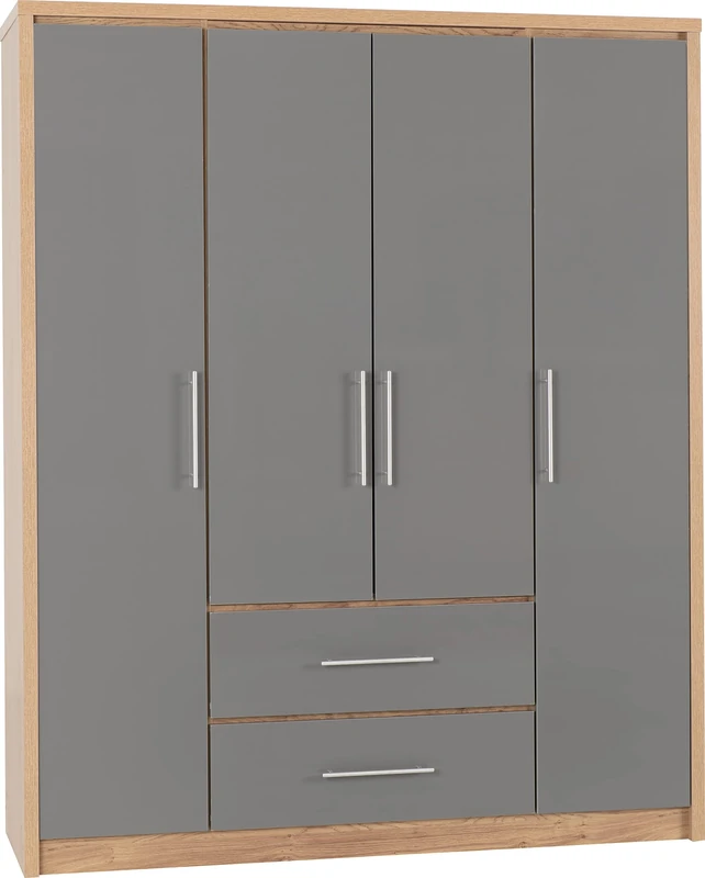 Seconique Seville 4 Door 2 Drawer Wardrobe - Grey Gloss & Oak Frame