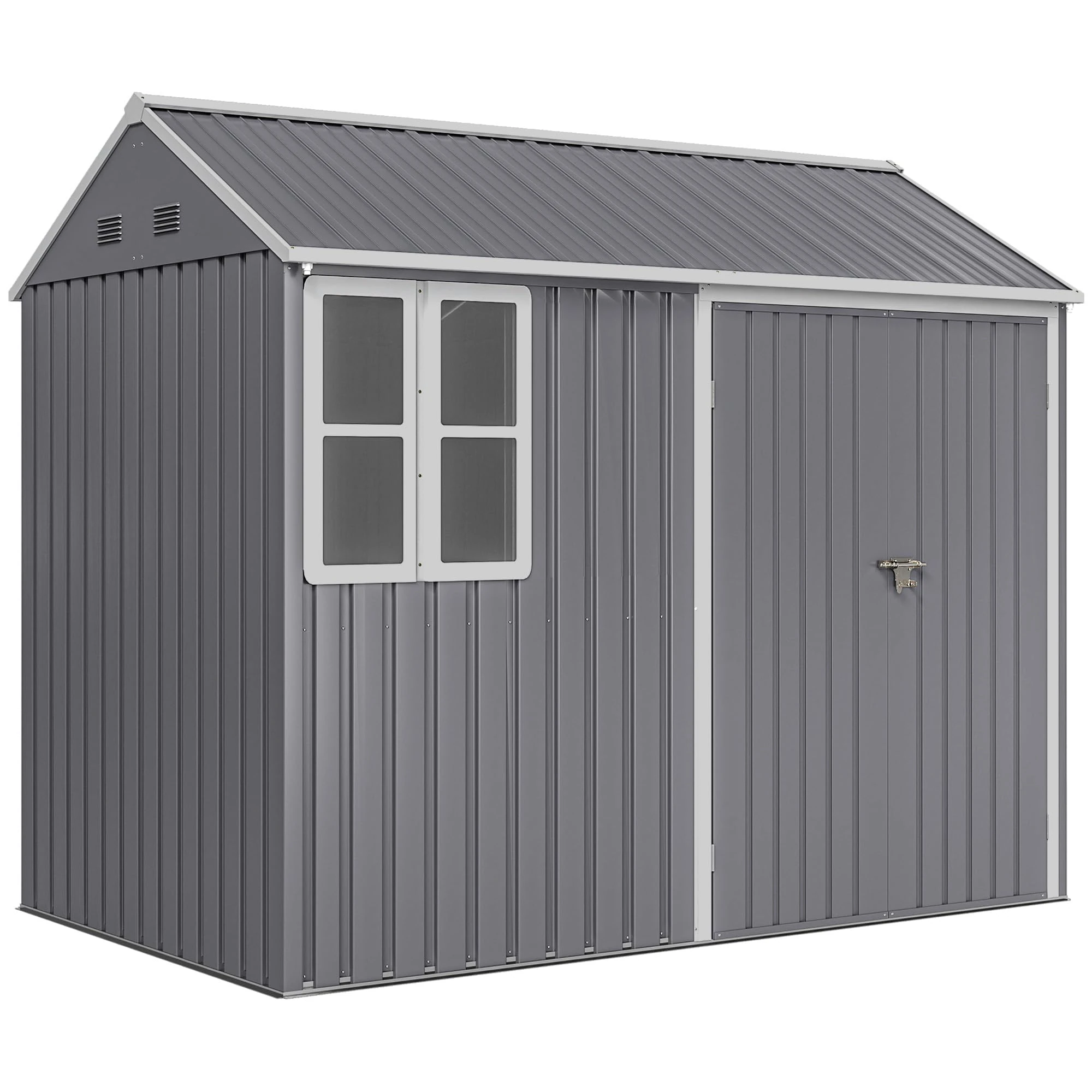 Outsunny 8 x 6 ft Garden Shed, Metal Shed with Double Doors, Window and Air Vents, Galvanised Outdoor Lockable Tool Storage House, Grey
