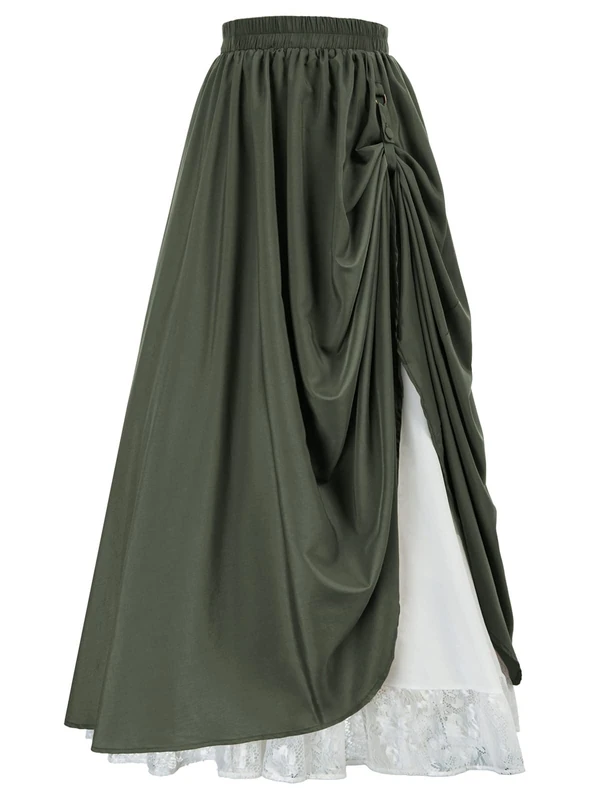 Scarlet Darkness Maxi Long Skirt for Women Double-Layer Victorian Renaissance Skirts, Army Green, L