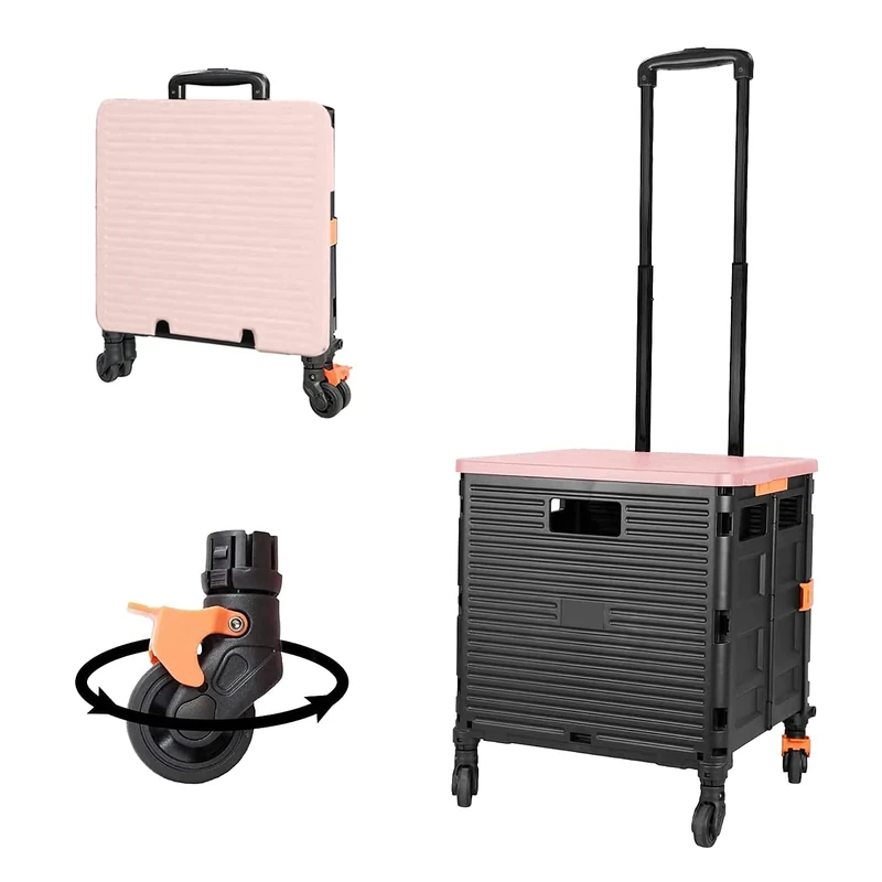 Foldable Utility Cart Folding Portable Rolling Crate Handcart with Durable Heavy Duty Plastic Telescoping Handle Collapsible 4 Rotate Wheels for Travel Shopping Moving Luggage Office Use (Black+Pink)