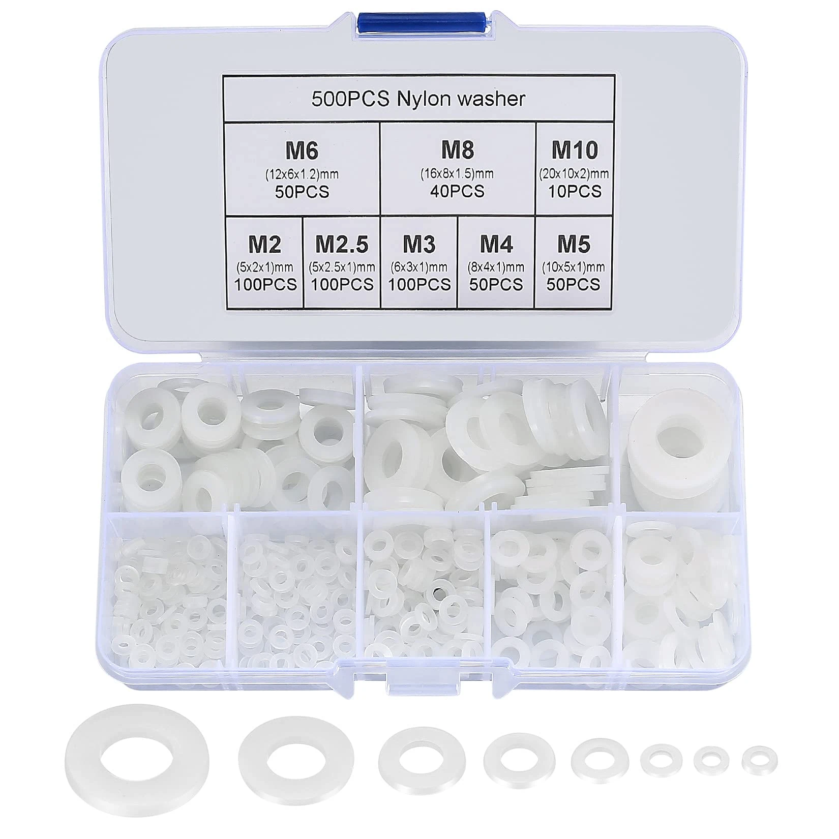 500 PCS White Nylon Washers, Round Plastic Flat O-Ring Washers Assortment, Faucet Gaskets for Pipes, Faucets, Mechanical Repairs - M2/M2.5/M3/M4/M5/M6/ M8/M10