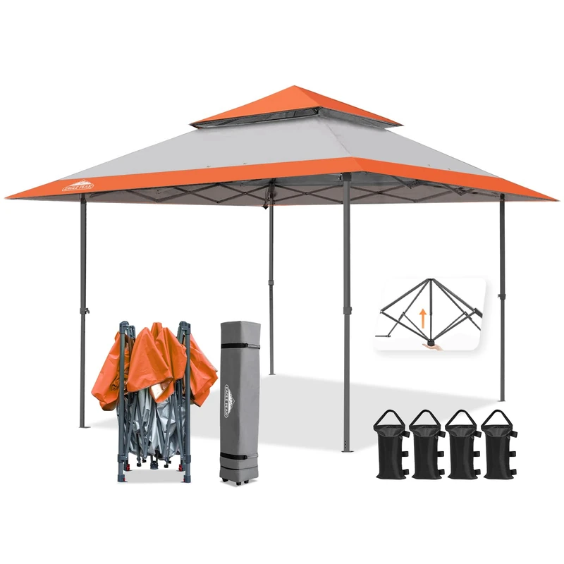 EAGLE PEAK 13x13 Straight Leg Pop Up Canopy Tent Instant Outdoor Canopy Easy Single Person Set-up Folding Shelter w/Auto Extending Eaves 169 Square Feet of Shade (Orange)