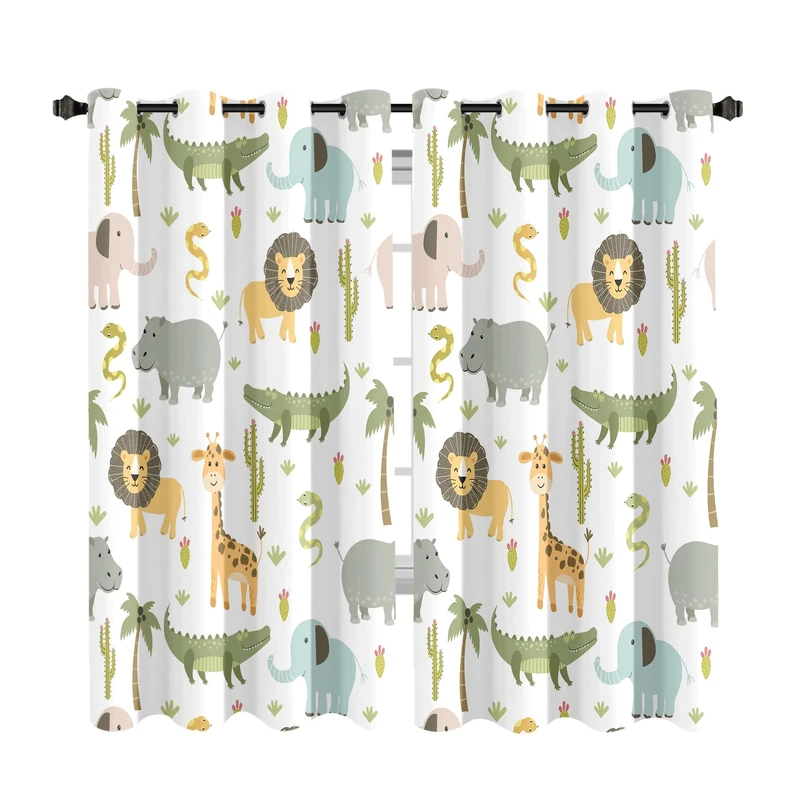 MESHELLY Baby Safari Animals Blackout Curtains 52Wx63H Inch for Boy Bedroom Grommet Pair Kids Woodland Jungle Lion Elephant Art Printed Curtains for Nursery Living Room Window Treatment Fabric