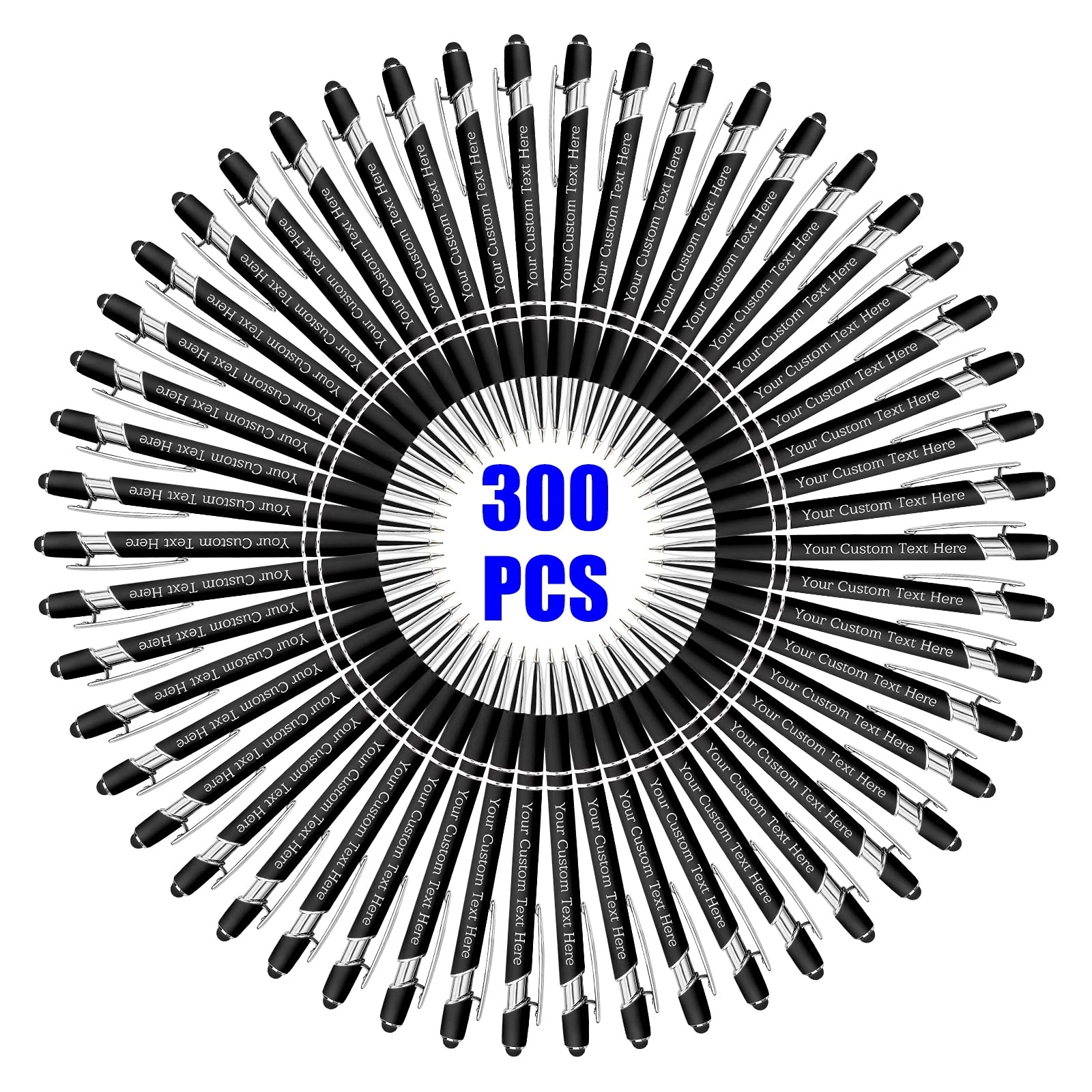 BYWEXCLESD 300 Pcs Personalised Custom Pens Bulk Free Engraving with Name Message Customised Ballpoint Pens with Stylus for Business Office Graduation Customised Gift for Men Women Bday Xmas (Black)