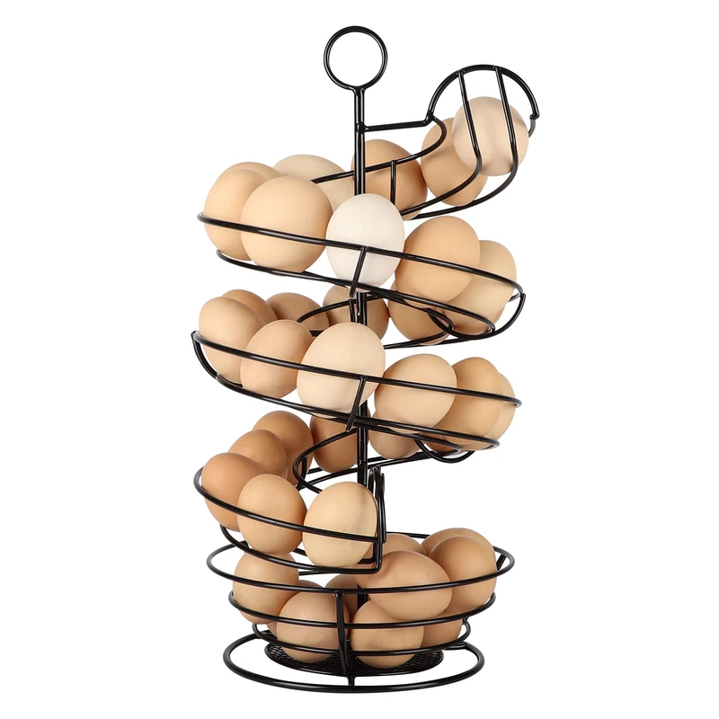QUTREY Black Metal Egg Skelter, Spiral Design Egg Dispenser Rack Holder with Storage Basket for Countertop, Kitchen, 2 rails for med egg