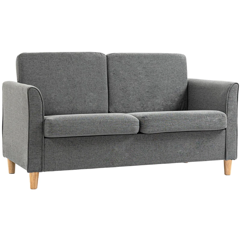HOMCOM 2 Seater Sofa, Compact Loveseat, Linen Upholstered Couch with Wood Legs and Armrest, Small Sofa for Living Room and Home Office Grey