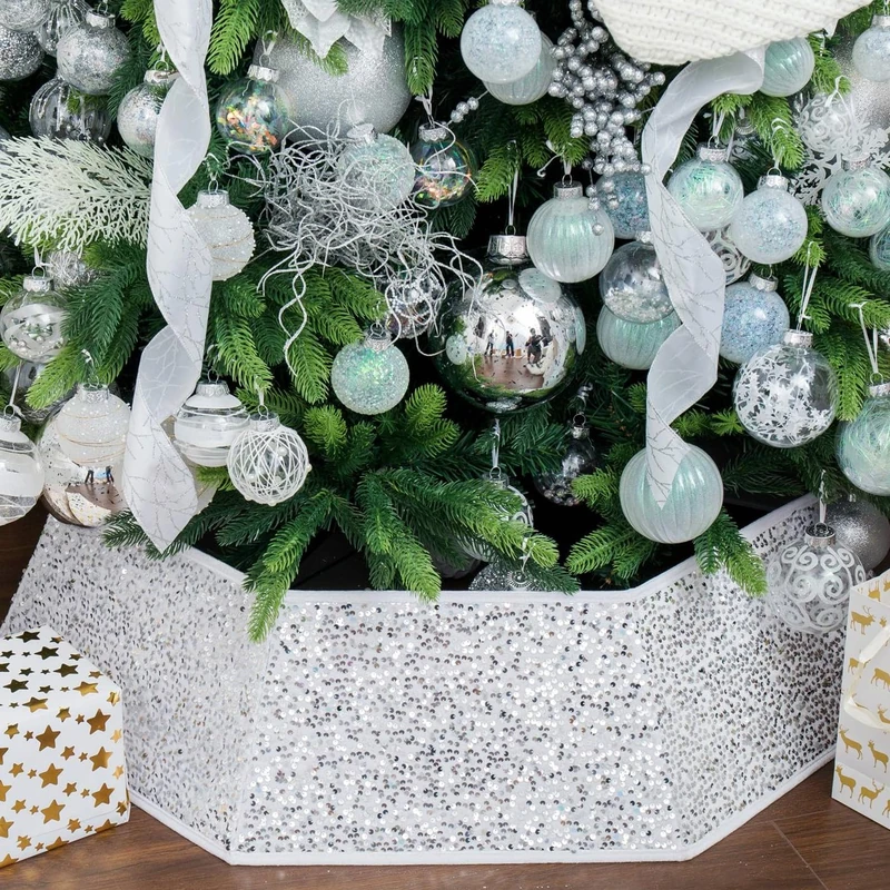 XmasExp Christmas Tree Skirt 85cm Glitter Christmas Tree Skirt for Christmas Holiday Home Decoration Christmas Tree Ring Holder Large Size 6pcs White