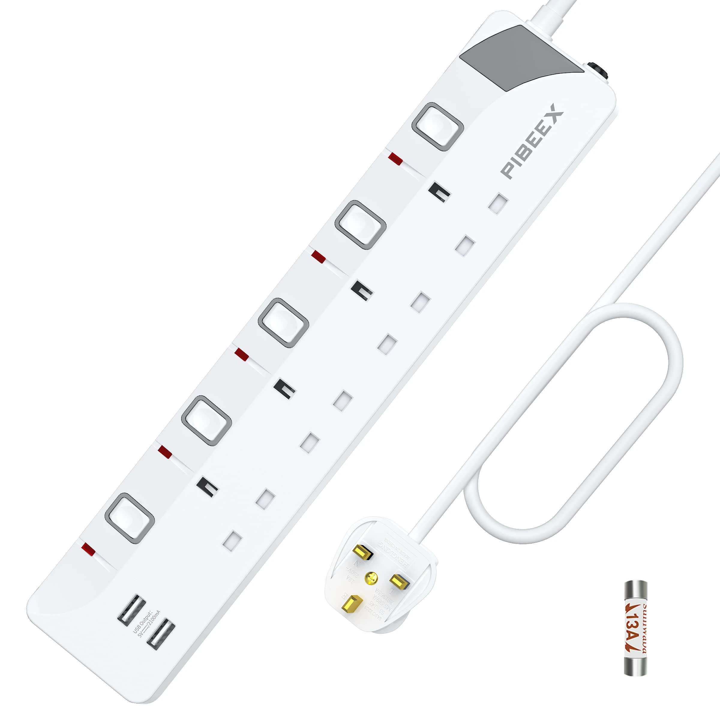 5M Extension Lead with Individual Switches, 13A 4 Way Power Strip 2 USB Lead with USB Slots Multi Plug Socket Extensions 5 Meters Long Extension Cord