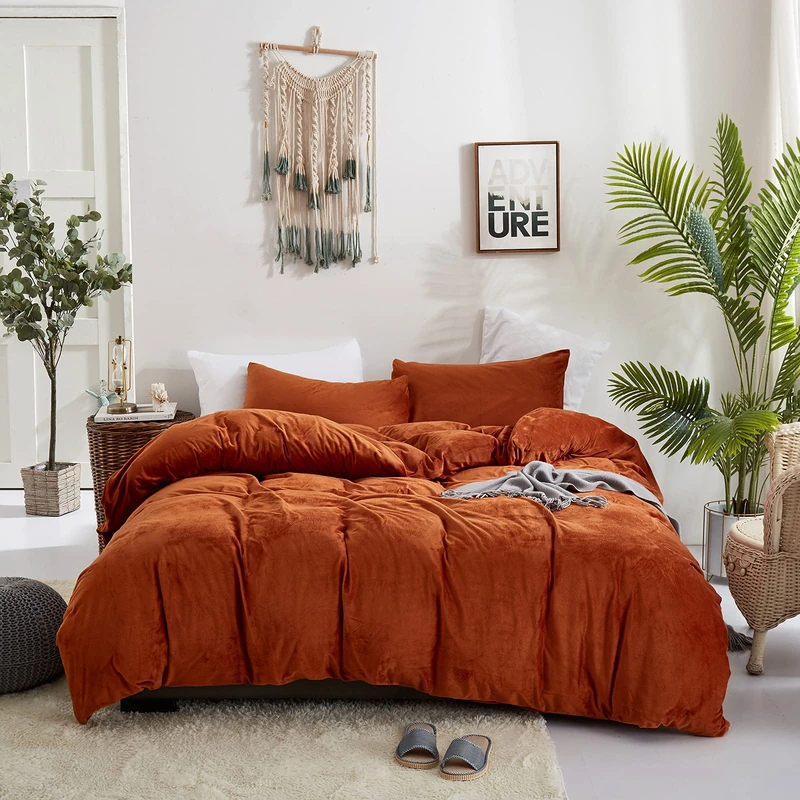 Houseri Velvet Rust Duvet King Size - Fluffy Terracotta Bedding Sets - Flannel Burnt Orange King Size Duvet Cover