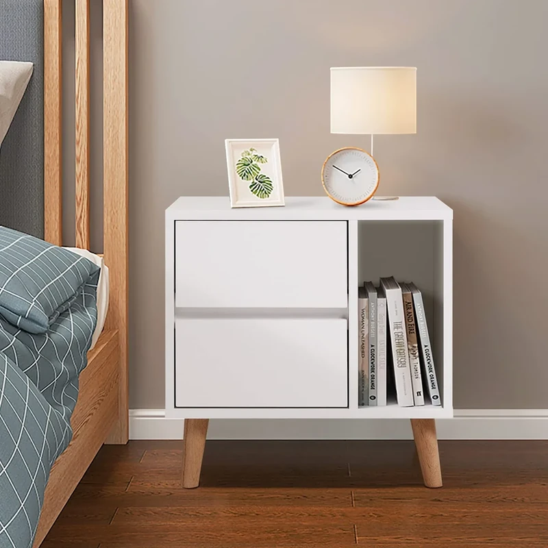 TUKAILAi White Modern Bedside Table with Drawers and Open Storage, Solid Wood Legs Nightstands with 2 Drawers