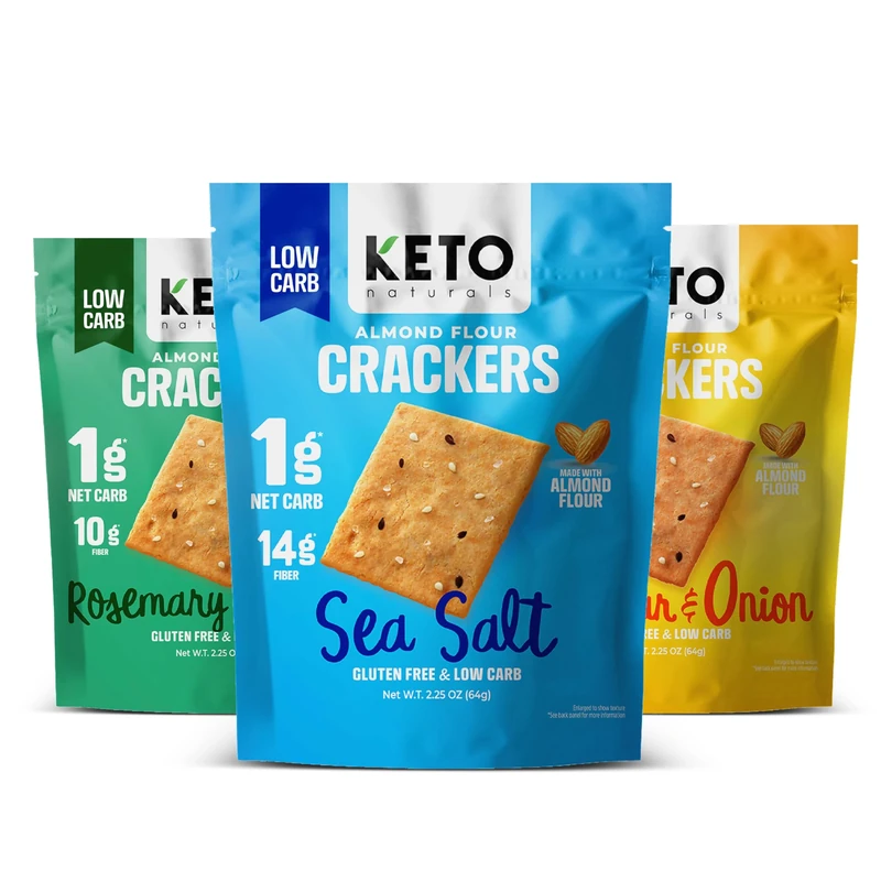 Keto Crackers (Sea Salt, Rosemary & Garlic, Cheddar & Onion) Variety pack, low carb crackers, Keto Snacks, low carb snack, high fibre & gluten free (3 x 64g Packs). Keto snacks no carbs no sugar