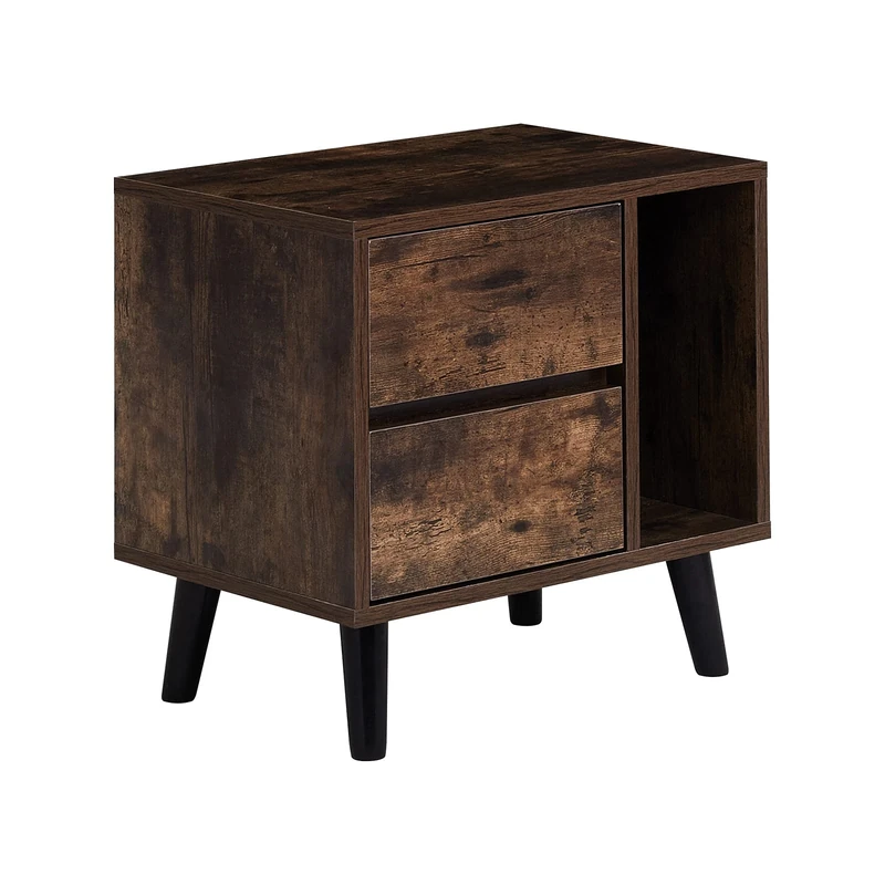 TUKAILAi Dark Wood Bedside Table Retro Cabinet Storage Unit Nightstands with 2 Drawers and Open Side Storage Brown