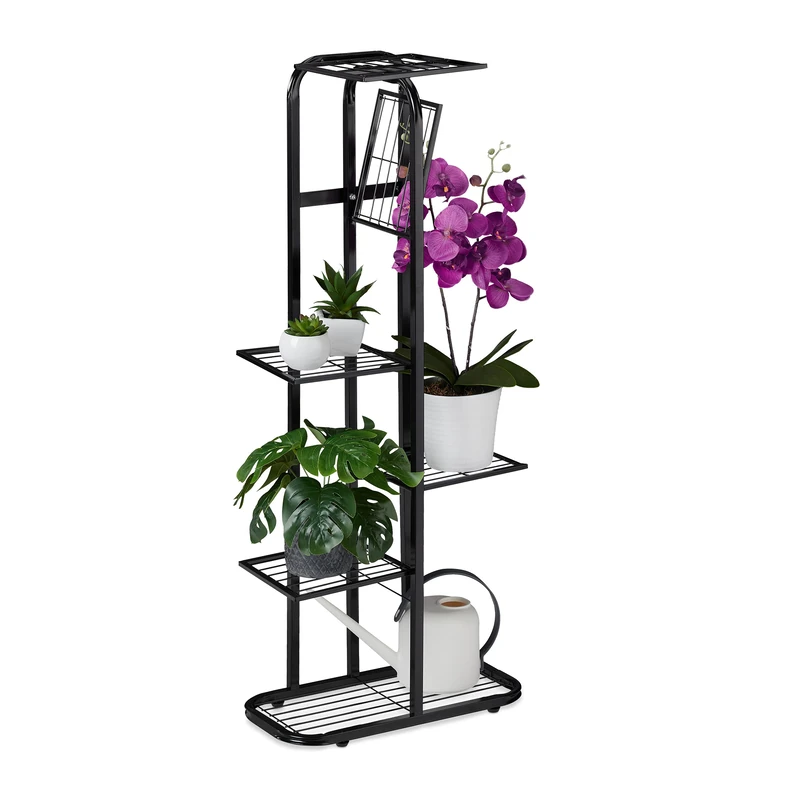 Relaxdays Plant Stand, 6 Shelves, Flower Rack, Indoor, H x W x D: 107 x 44 x 24 cm, Metal, Black
