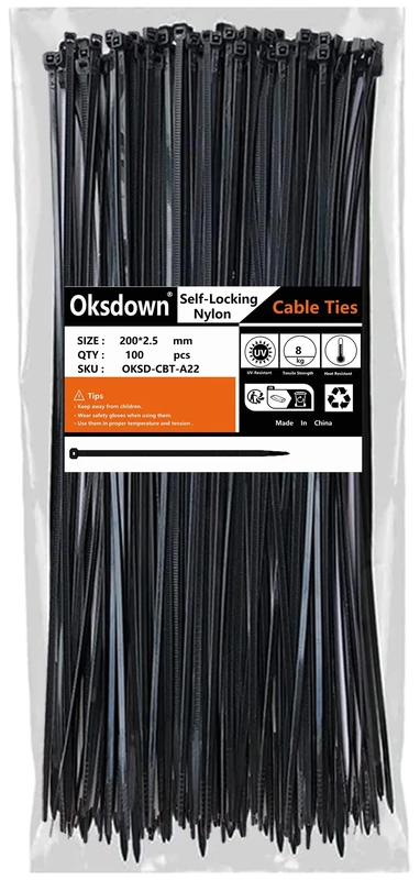 Oksdown 100 Pack Black Plastic Cable Ties 200mm×2.5mm Small Nylon Zip Ties Premium Self Locking 6 inch Mini Tie Wraps