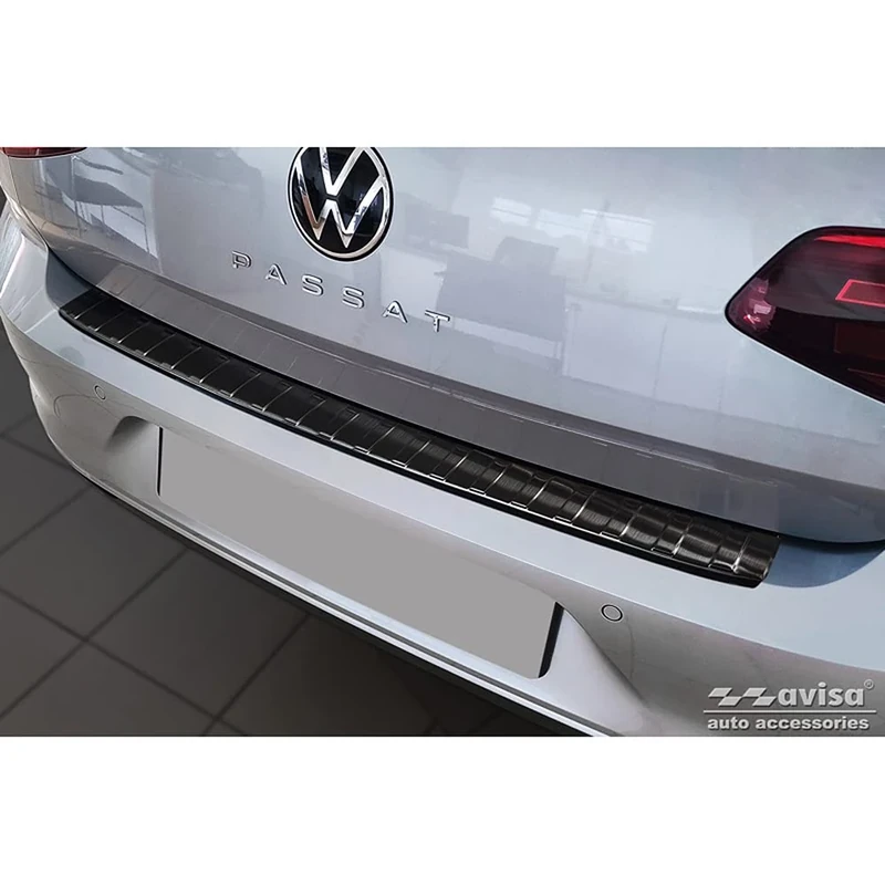 Avisa Black Stainless Steel Rear bumper protector compatible with Volkswagen Passat Sedan 2014-2019 & FL 2019-2023 'Ribs'