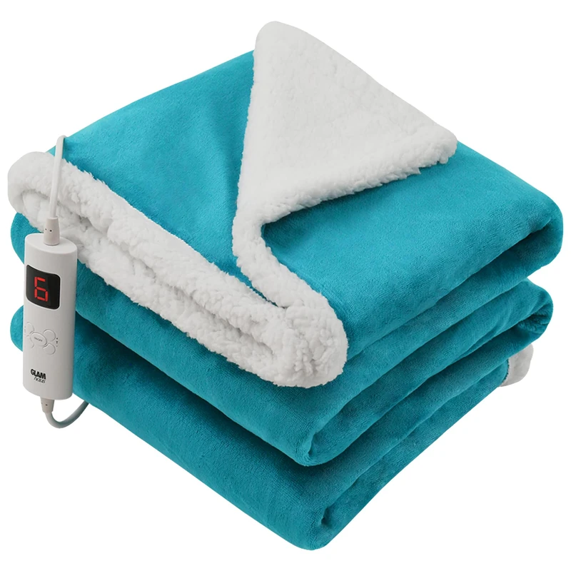 GlamHaus Heated Throw Electric Light Blue Fleece Over Blanket Sofa Bed Large 160 X 130cm - 6 Heat and 3 Timer Auto Shut Off - Soft Reversible Design - Digital Control - Machine Washable (Light Blue)