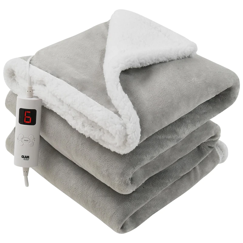 GlamHaus Heated Throw Electric Fleece Over Blanket Sofa Bed Large 160 X 130cm - 6 Heat and 3 Timer Auto Shut Off - Soft Reversible Design - Digital Control - Machine Washable (160x130cm Light Grey)