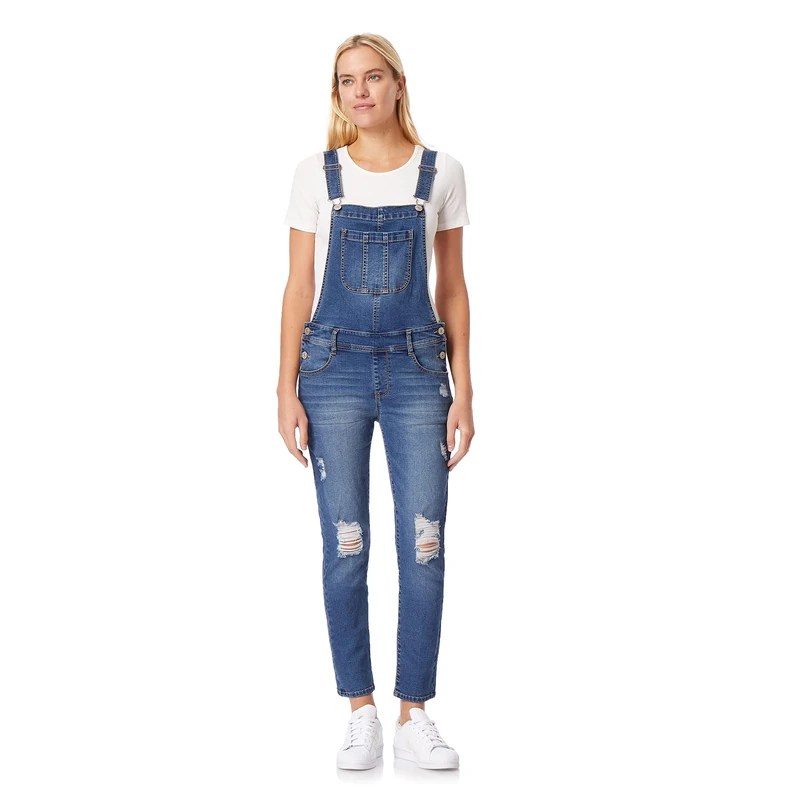 WallFlower Women's Juniors Instastretch Mid-Rise Denim Overalls (Standard and Plus), Cedar DEST, Large