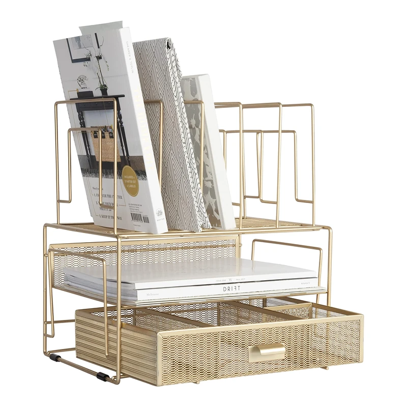 Blu Monaco Gold Desk Organizer with File Sorters and Drawer