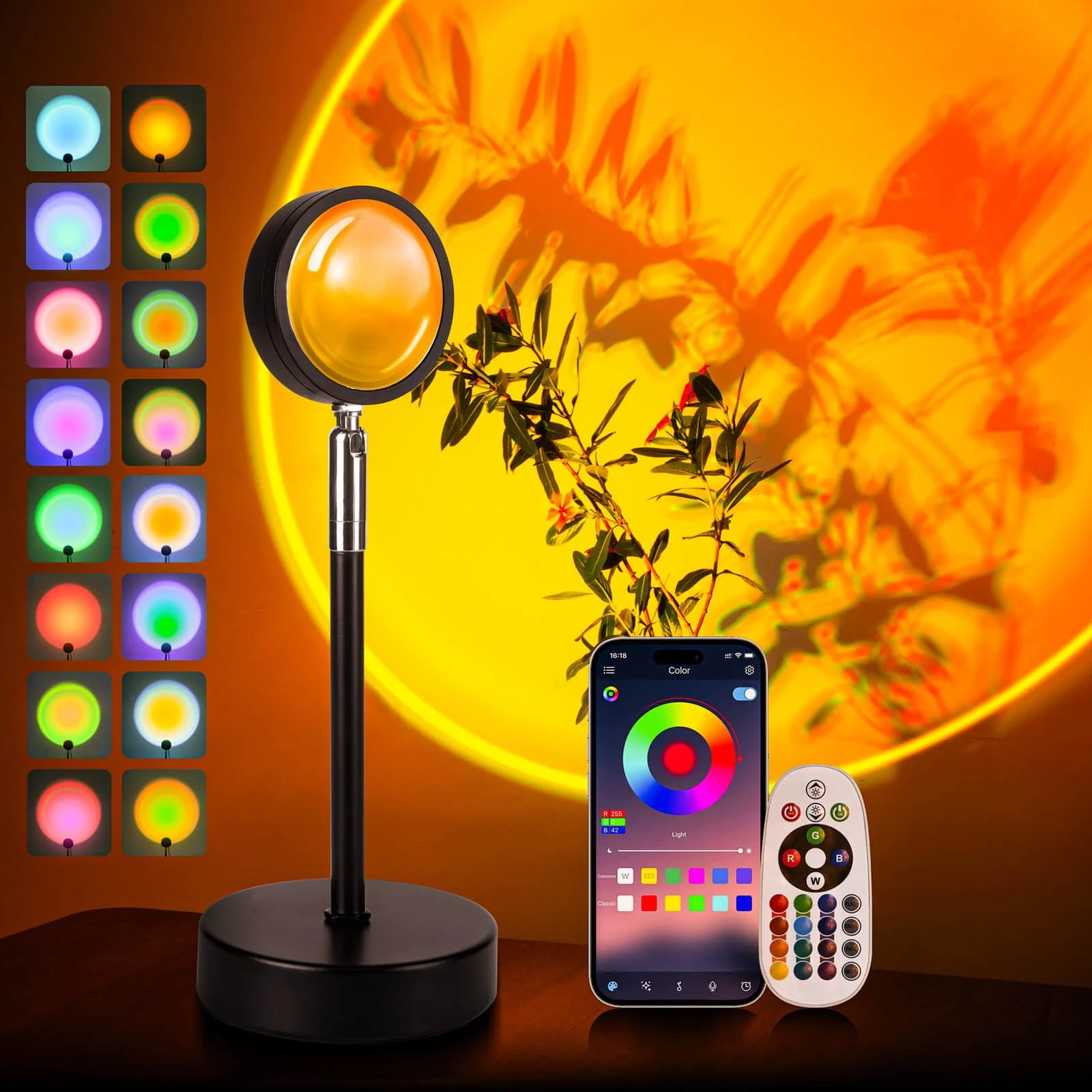 Sunset Lamp Projection - 16 Colour | Sunset Light with 24Keys Remote Multicolour - USB Port-Colour Changing & Fade Mode - Upgraded App Control