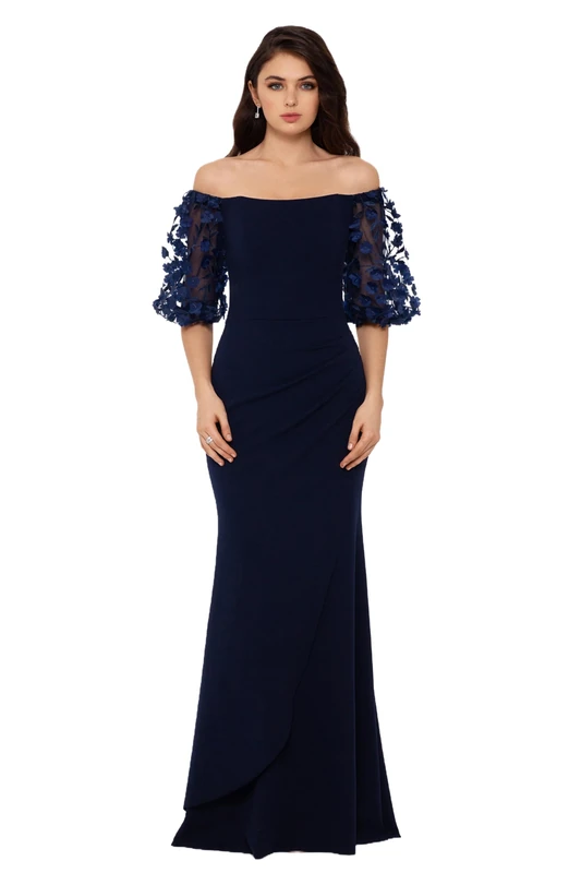 Xscape Women's Illusion Sleeve Off The Shoulder Long Dress (Reg and Petite) Special Occasion, Navy, 18