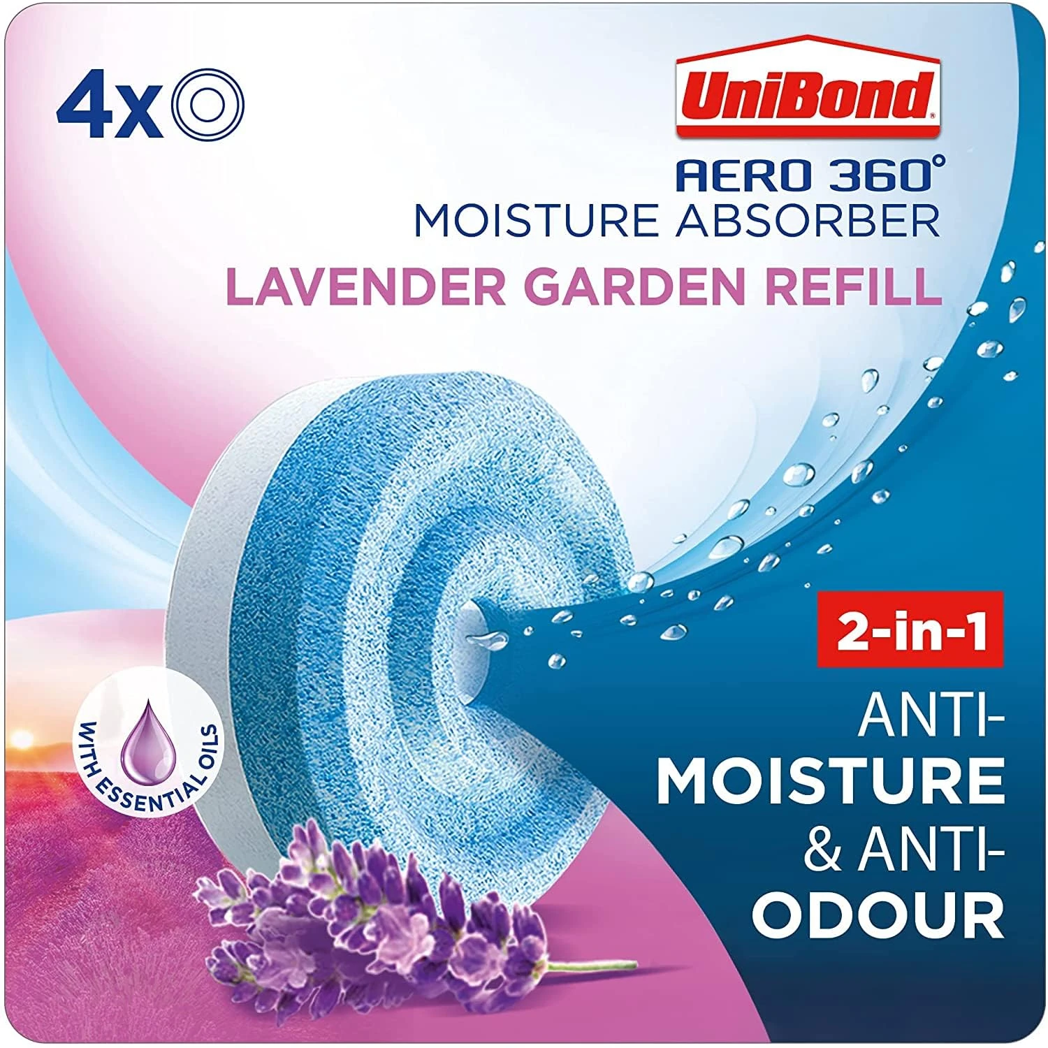 UniBond AERO 360° Moisture Absorber Lavender Garden Refill Tab, aromatherapy, ultra-absorbent and odour-neutralising, for AERO 360° Dehumidifier, Condensation Absorbers, 4 Pack (4 x 450g)
