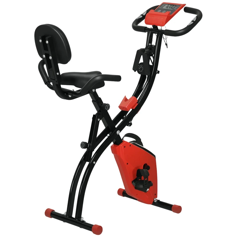 HOMCOM 3-in-1 Folding Exercise Bike, Foldable Stationary Bike with 8-Level Adjustable Magnetic Resistance, Arm Resistance Band, Pulse Sensor and LCD Monitor, Red